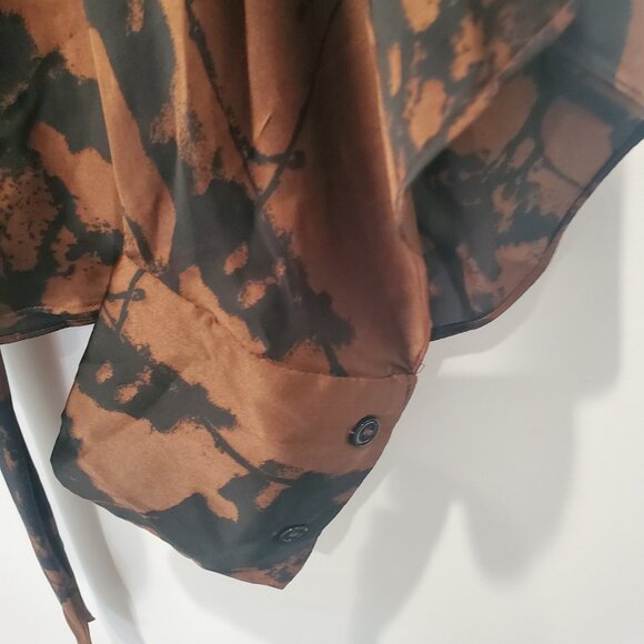 Zara New Brown & Black Abstract Tie Front Blouse with Full Cut Out Long Sleeve L - Picture 10 of 15